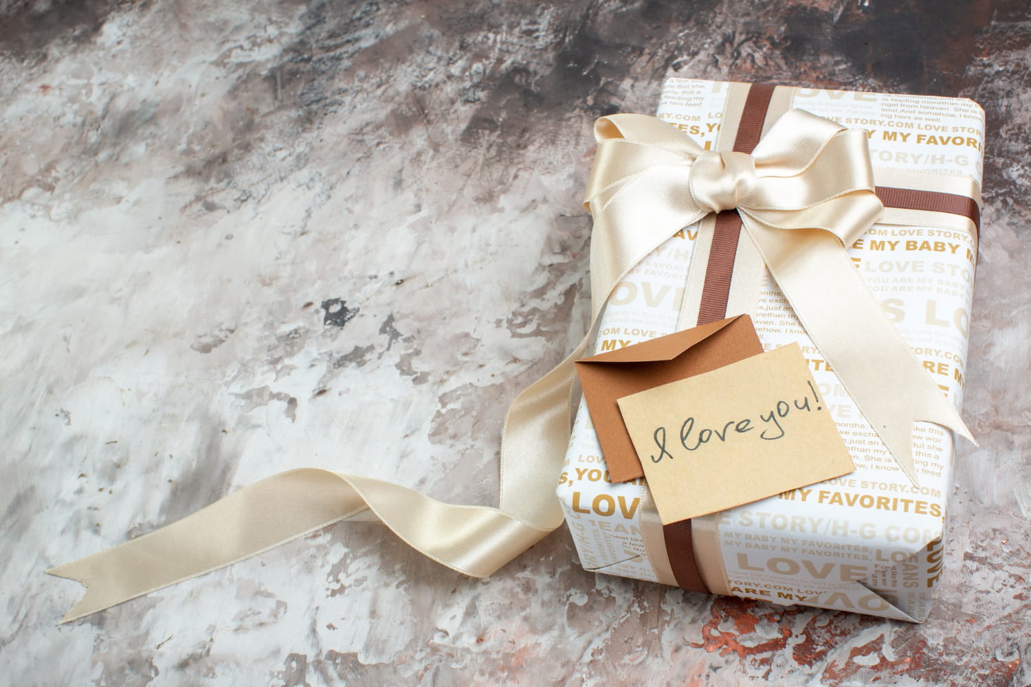 A beautifully wrapped personalized gift box with a custom name tag on a wooden table